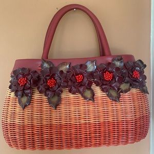 Isabella Fiore Leather Rose Wicker Bag